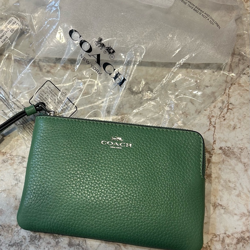 Coach Teal and Brown Leather Wristlet